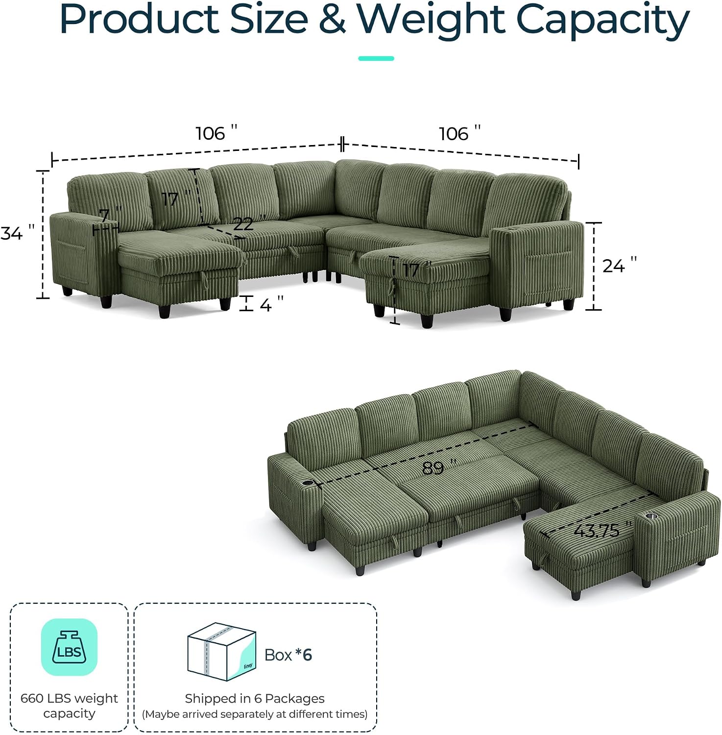 LINSY HOME Sectional Sofa with Pull Out Bed, 7 Seats Corduroy Reversible Sleeper Sofa with Storage Seats & Chaises, USB Ports, Cup Holders, Side Pocket, Sectional Couches for Living Room, Green | Plush Corduroy, Storage space, Sturdy structure
