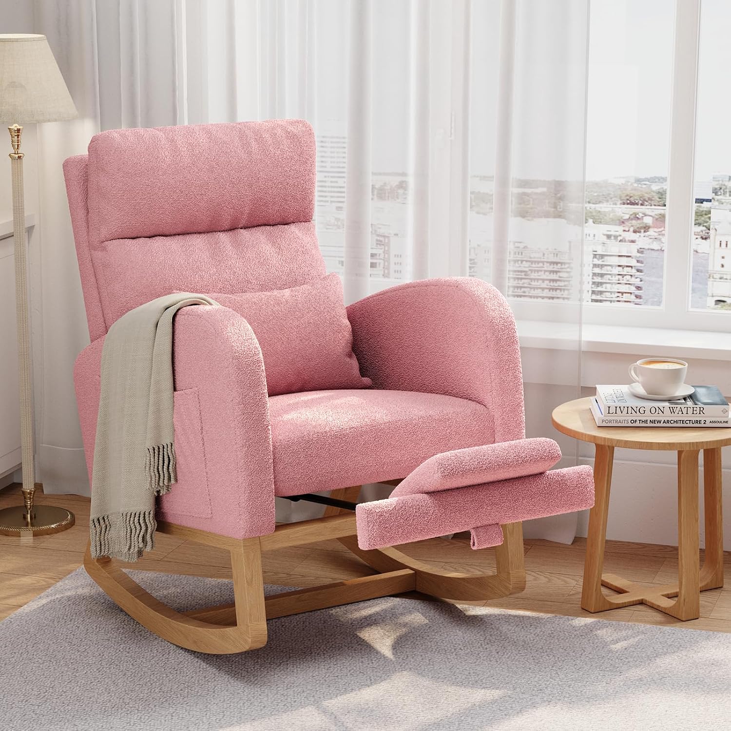 GarveeHome Rocking Chair, Modern Nursery Glider Chair with Side Pockets and Pillow, Rocker Chair for Living Room Bedroom Nursing Room, Pink
