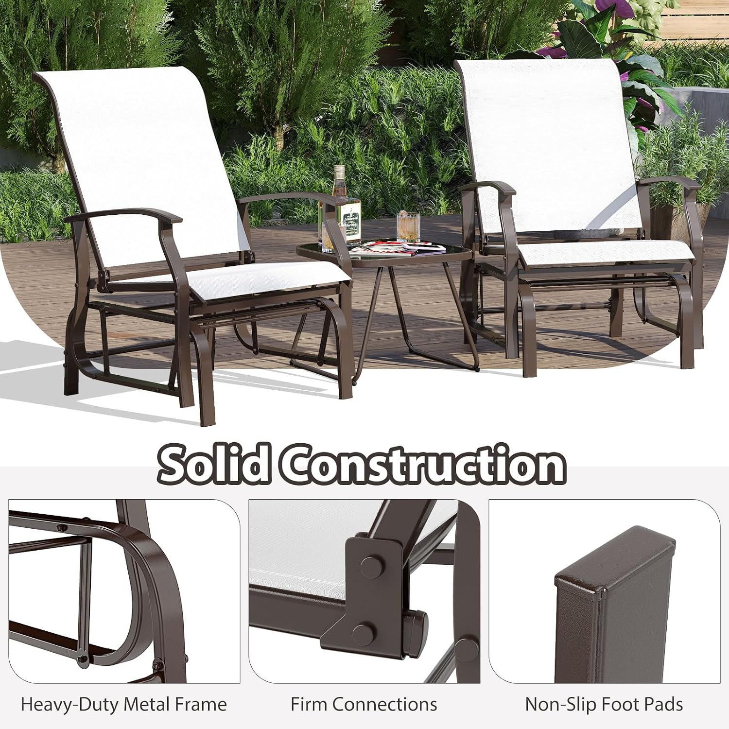 Tangkula Porch Gliders Set of 2, Outdoor Swing Glider Chairs with High Back, Breathable Mesh Fabric and Metal Frame, Patio Rocking Chairs for Backyard Garden Balcony Poolside (Off White)