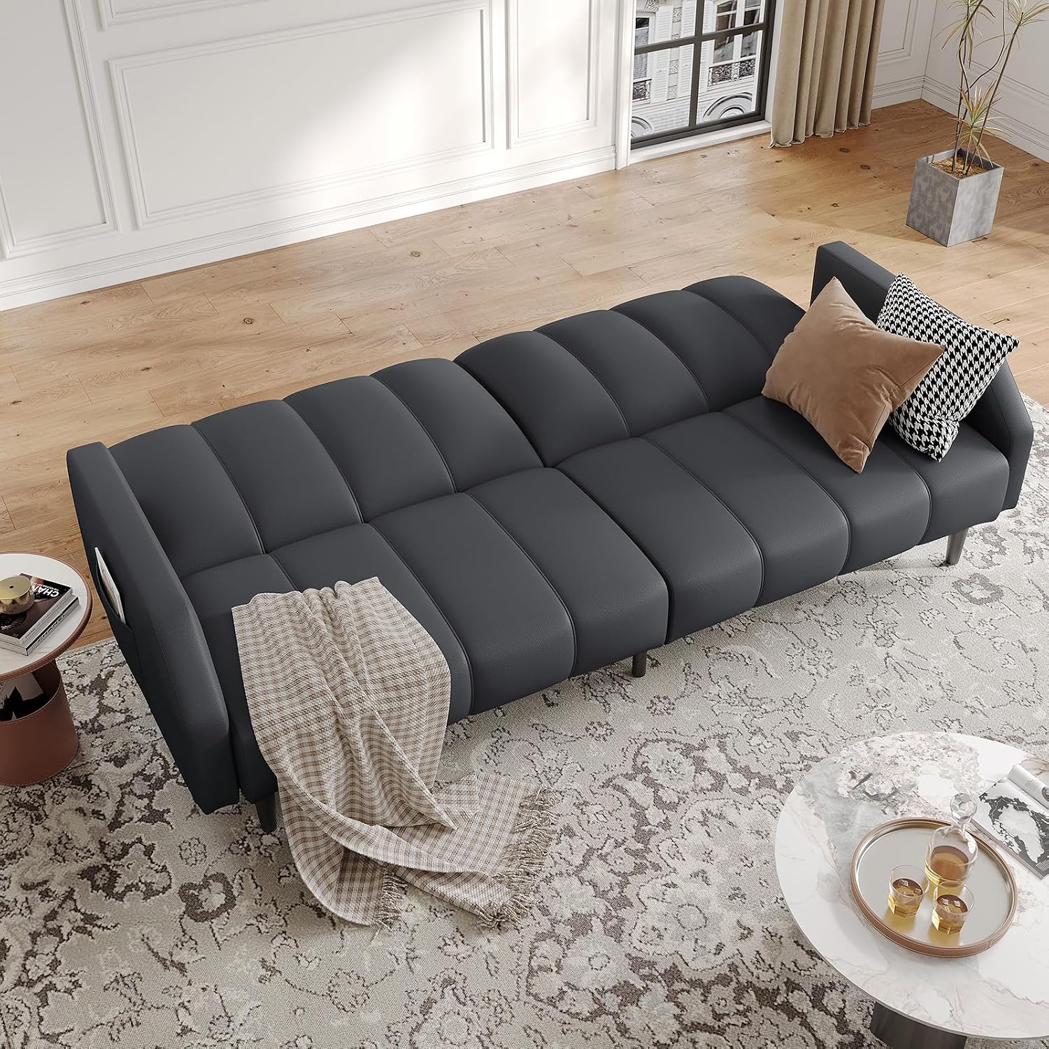 COPIAE Faux Leather Sofa Bed, 78' Futon Sofa Bed, Adjustable Futon Set Backrest, Sleeper Sofa Couch, Modern Decor Love Seat Couches, Upholstered Couch for Living Room, Bedroom, Dark Gray