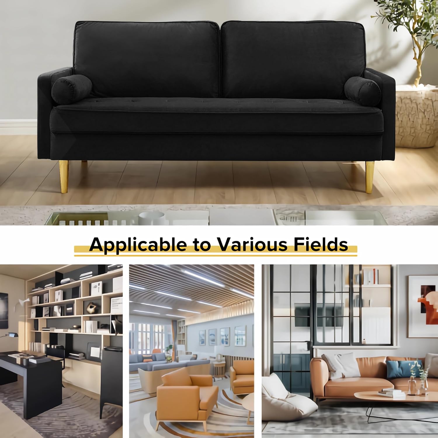 67' Modern Velvet Loveseat Sofa Couch, Mid-Century Tufted Upholstered Small Love Seat Couch with 2 Pillows & 4 Golden Legs, 2-Seats Couches for Compact Space, Living Room, Apartment (Black)