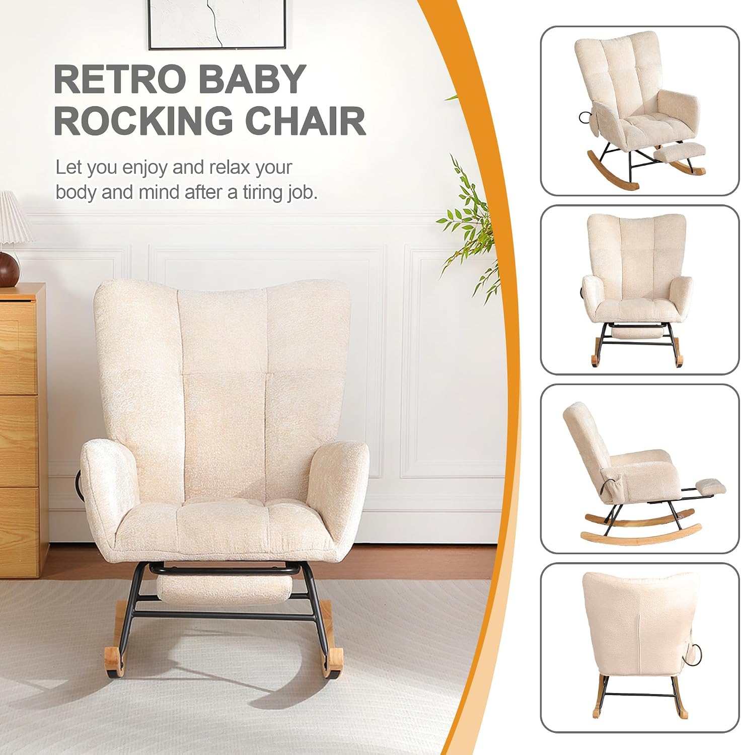 Rocking Chair Nursery with Airbag, Comfy Modern Nursery Rocking Reading Chair Indoor with Footrest, Cozy Upholstered Glider Rocker Chairs for Living Room Bedroom Offices(Chenille, Beige)