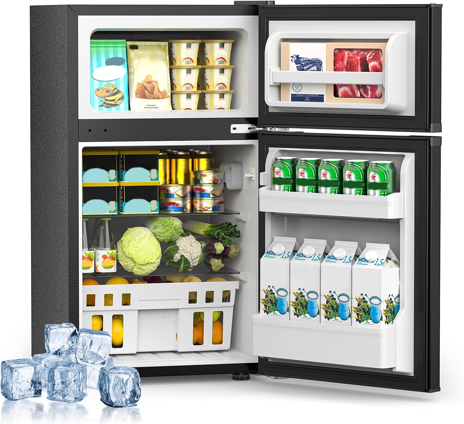 Electactic Mini Fridge with Freezer, 3.2 Cu.Ft Compact Refrigerator with 2 Doors, Small Fridge with Adjustable Thermostat & Removable Glass Shelves for Bedroom, Office, Dorm, or Apartment, Black