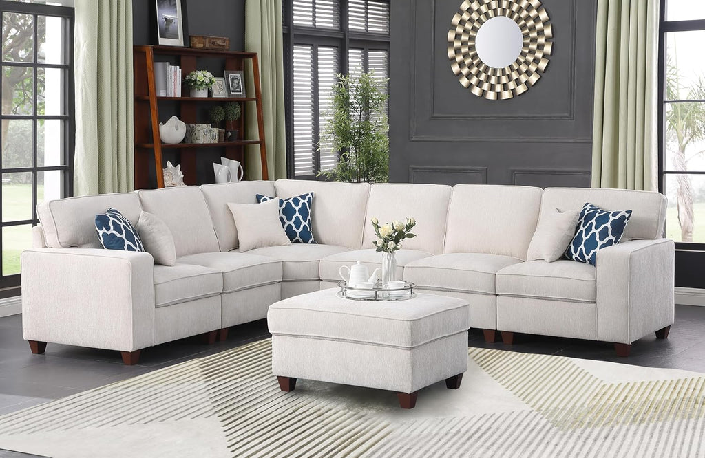 YOPTO 116' Convertible Sectional Couch with Movable Ottoman and 6 Throw Pillows,Chenille Upholstered Comfy Sofa 7 Seater,L-Shaped,Free Combination,Easy Assembly for Living Room,Apartment,Office,Beige