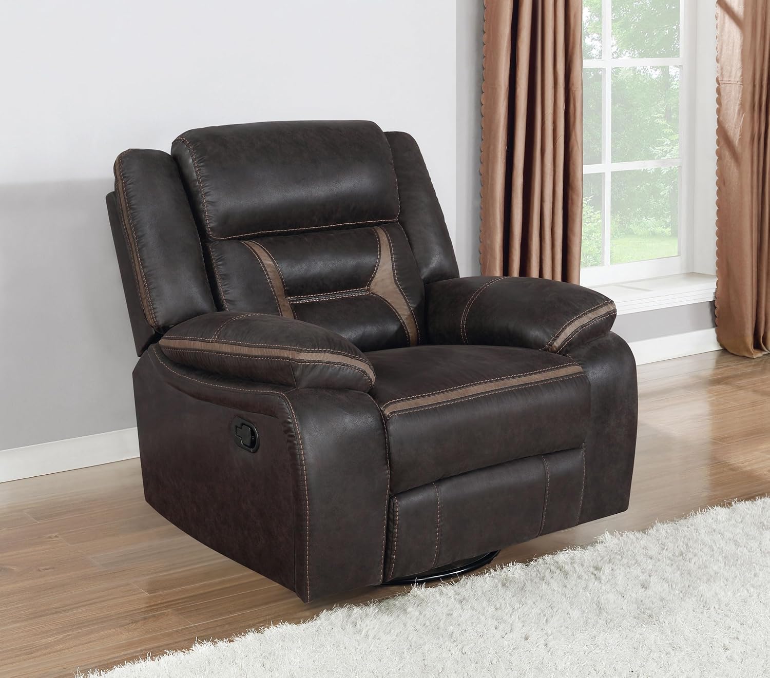 Coaster Home Furnishings - Greer - Leatherette Upholstered Swivel Glider Recliner Chair with Pocket Coil Cushions, Padded Armrests, Contrasting Stitching - Living Room - 41-Inch - Brown - 651356