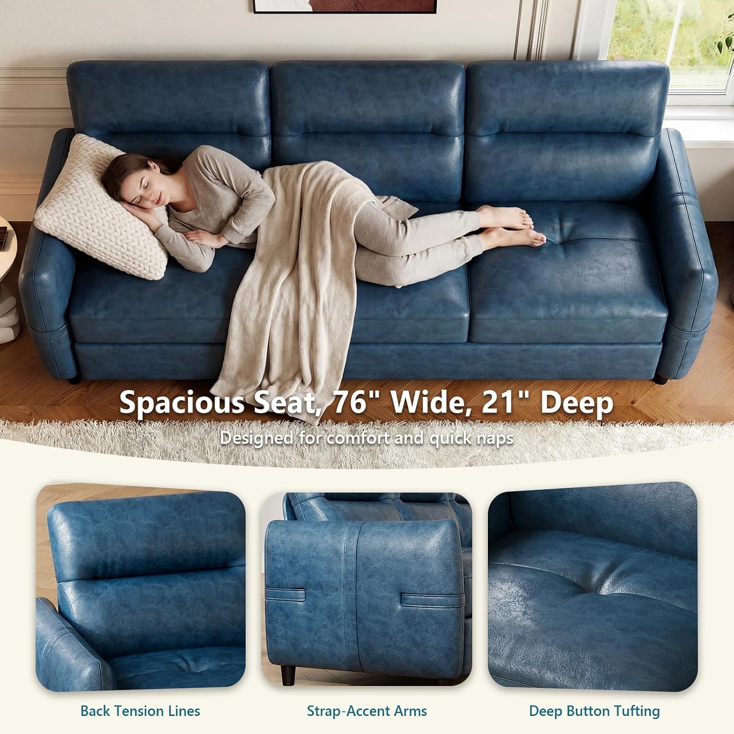 STHOUYN 85' Faux Leather Couch with USB, 3 Seater Couch for Living Room, Large Mid Century Modern Office Sofa for Apartment, Bedroom, Blue