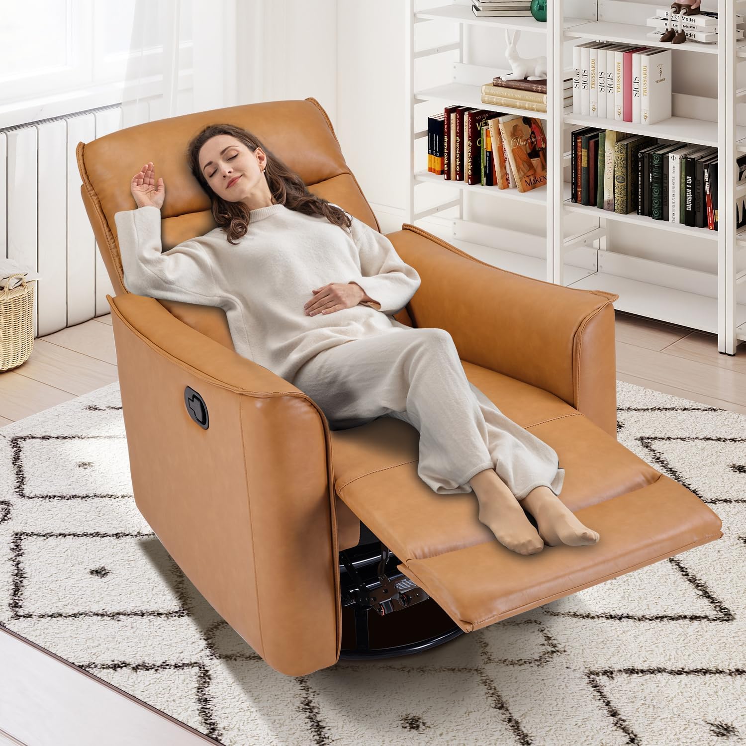 Swivel Rocker Recliner Set of 2, Glider Rocking Chair, Nursing Chairs Swivel Glider Recliners with Soft Backrest, Leathaire Manual Reclining Sofa for Living Room Bedroom Apartment, Camel