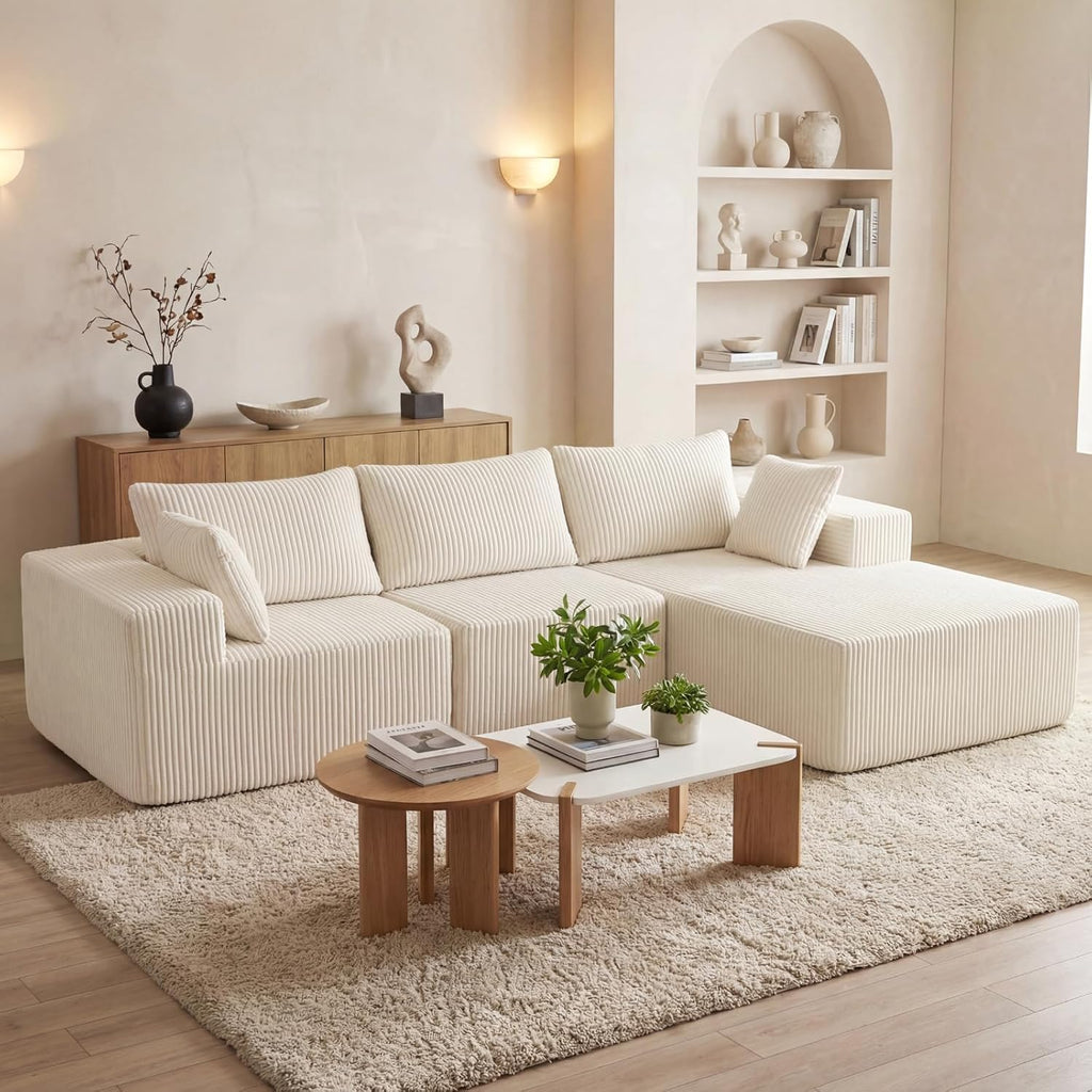 DUMOS 108' Modular Sectional Sofa, Cloud Sectional Couch with Deep Seat, Modern Modular L-Shape Sofa Couch with Chaise,Upholstered Boneless Couches for Living Room Bedroom, Beige, Right Facing Chaise