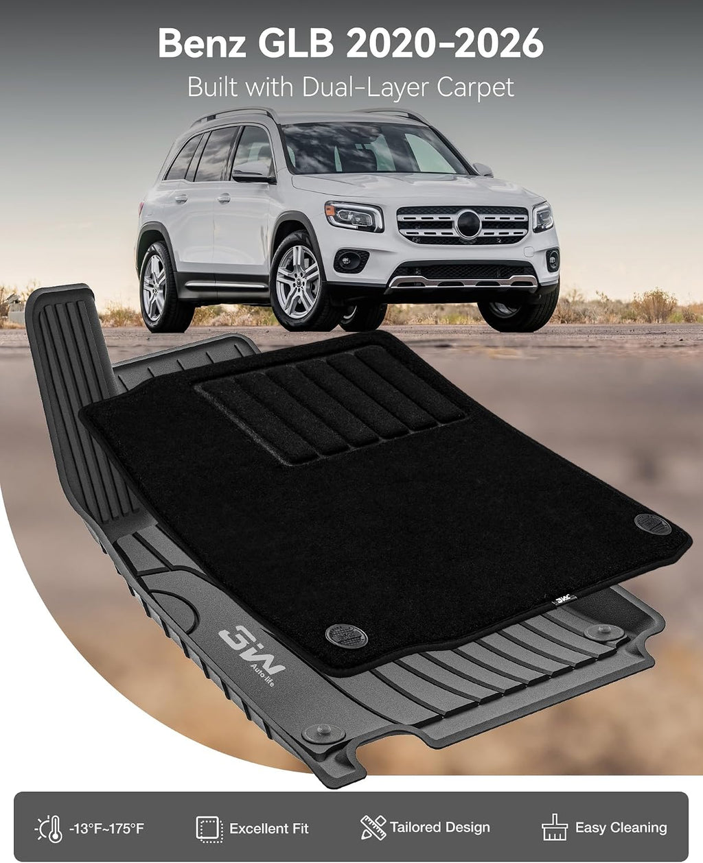 3W Floor Mats with Carpets Custom Fit Mercedes Benz GLB 2020-2026, TPE Floor Liner Thickened Carpet with Safety Locks and Driver Heel Pad for Benz GLB250 GLB35 AMG Cars Accessory