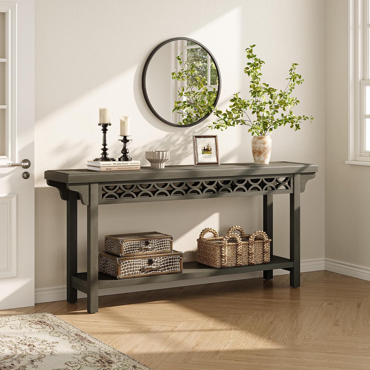 LITTLE TREE 70.87-Inch Long Console, Solid Wood Farmhouse Narrow Entryway Table with Shelf, Rustic Sofa Table for Living Room, Hallway, Dark Grey