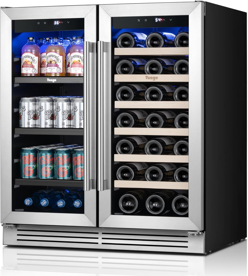 Yeego 30 Inch Wine and Beverage Cooler - 36-72°F, Holds 80 Cans & 33 Bottles Adjustable Shelves Beverage Fridge, Stainless Steel with Glass Door for Built-in for Kitchen/Bar