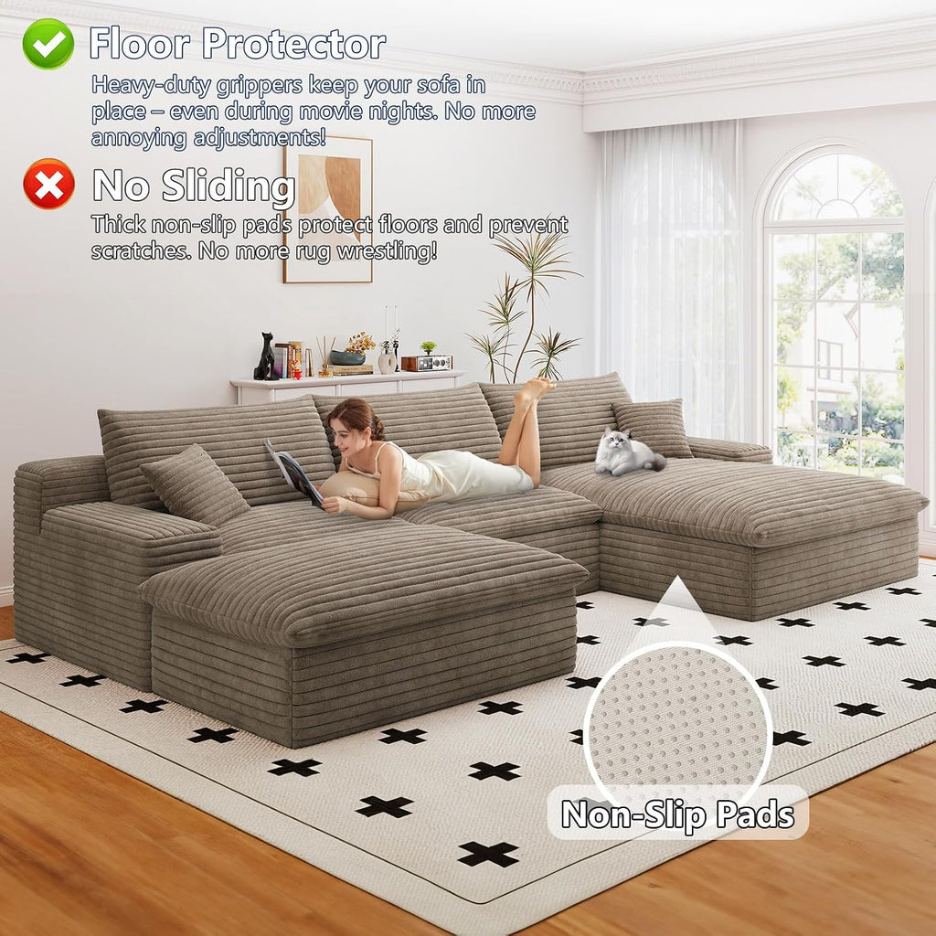 107' Cloud Couch Modular Sectional Sofa for Living Room, U-Shape Boneless Couch with Deep Seat, Modern Corduroy 3-Seater with Ottoman, No Assembly Required (Camel,Right-Facing Chaise)