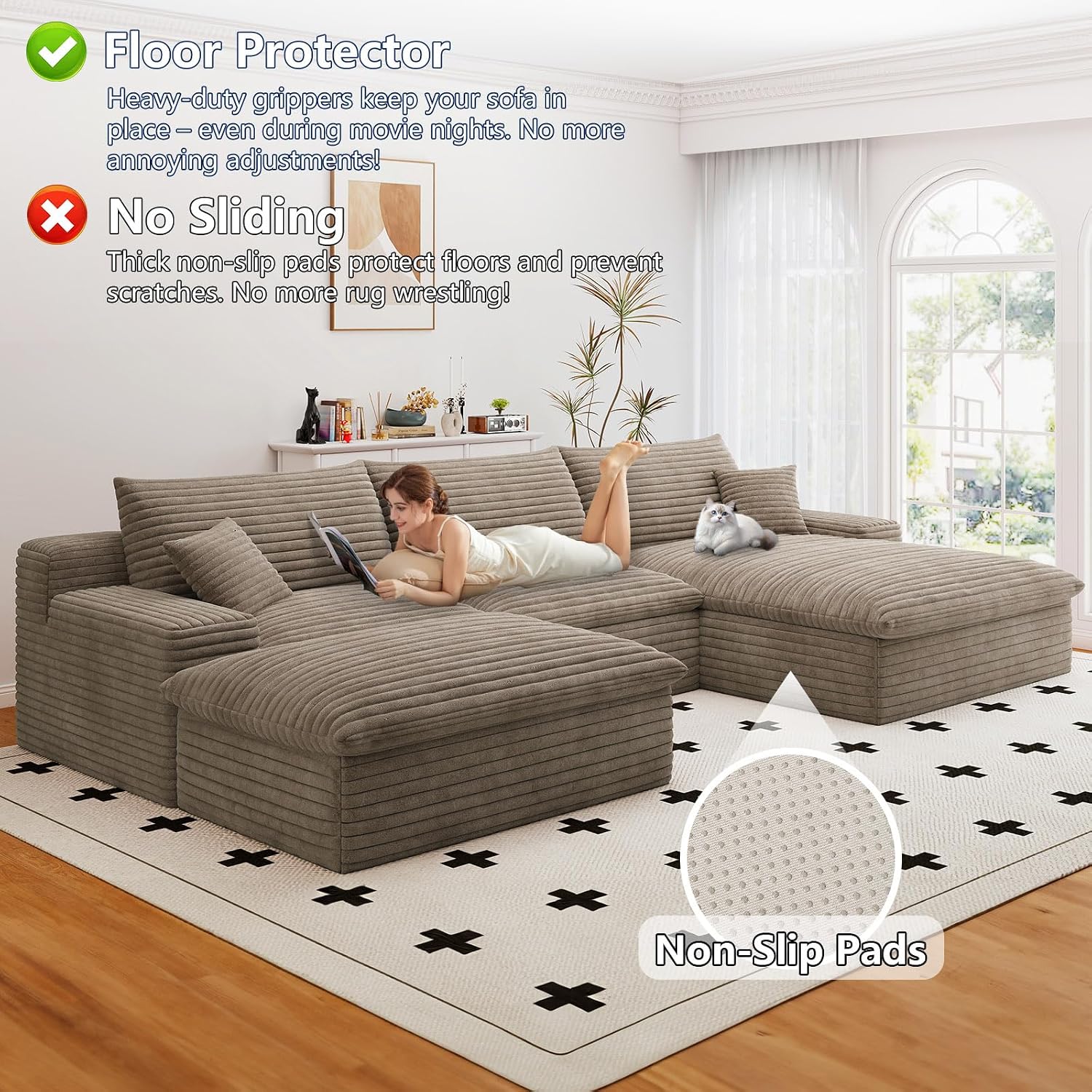 107' Cloud Couch Modular Sectional Sofa for Living Room, U-Shape Boneless Couch with Deep Seat, Modern Corduroy 3-Seater with Ottoman, No Assembly Required (Camel,Right-Facing Chaise)
