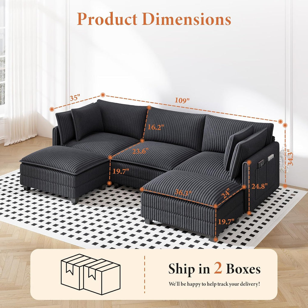 Vesgantti 109' U Shaped Cloud Sectional Sofa, Comfy Corduroy Upholstered Sectional Modular Sofas for Living Room, Modern Modular Couch with 2 Ottoman Deep Seat, Dark Grey