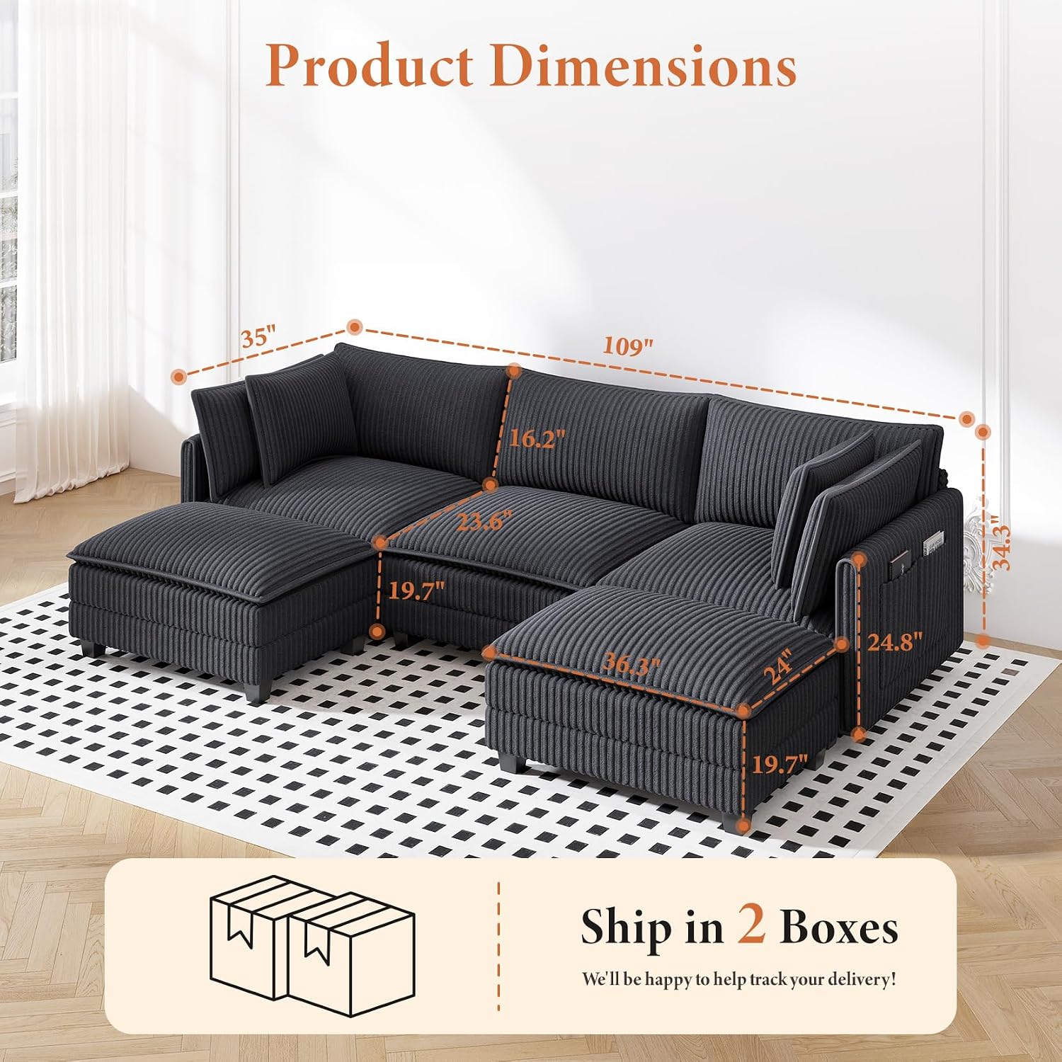 Vesgantti 109' U Shaped Cloud Sectional Sofa, Comfy Corduroy Upholstered Sectional Modular Sofas for Living Room, Modern Modular Couch with 2 Ottoman Deep Seat, Dark Grey