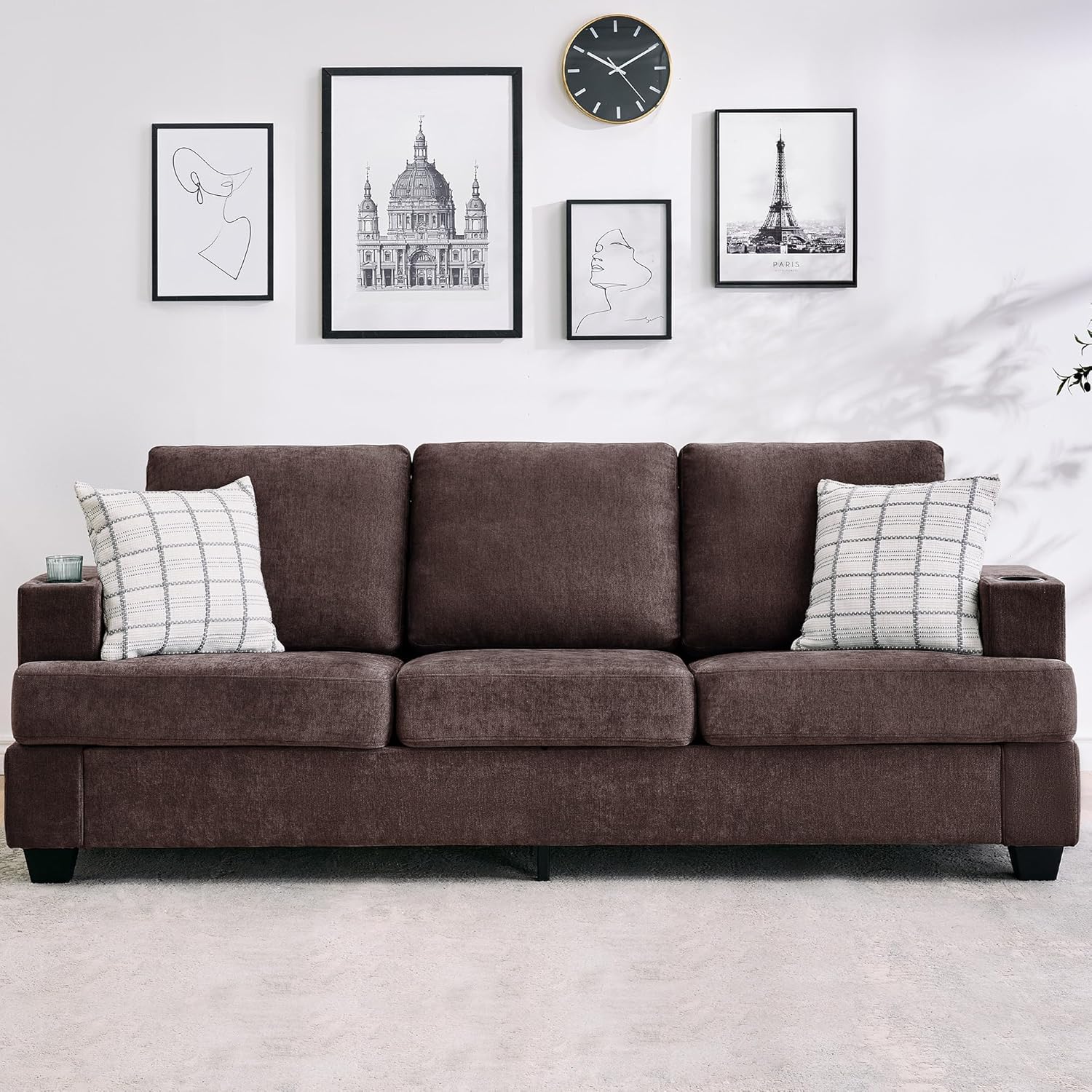 Garvee 89' 3-Seater Sofa for Living Room, Comfy Couches with Deep Seat, Modern Chenille Couch with Cup Holders and Side Storage Pockets for Apartment Lounge, Brown