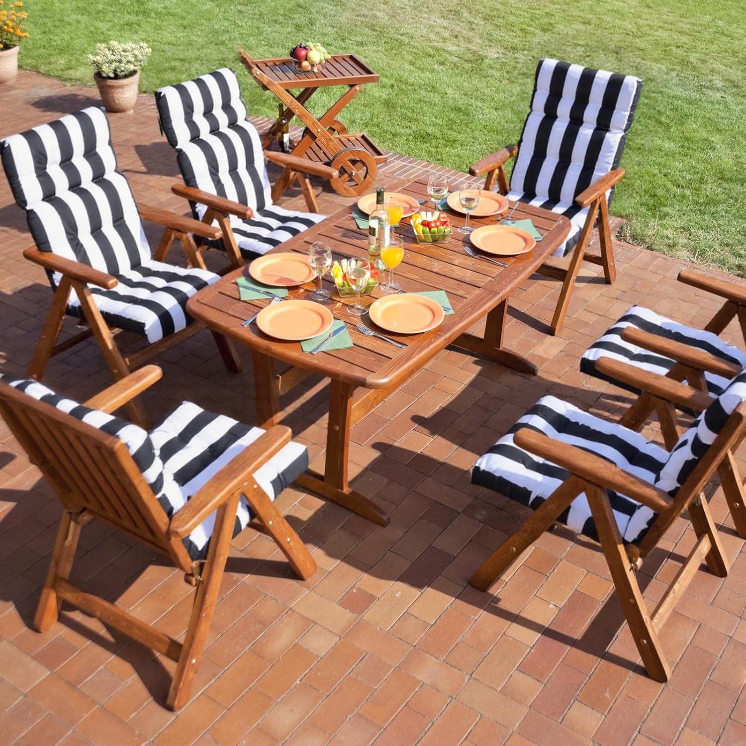 Hoteam 6 Pcs High Back Chair Cushions Set - 44'' x 21'' Indoor Outdoor Waterproof Soft Thicken Stripes Replaceable Cushion for Garden Summer Rocking Chair, Patio Furniture (Black Stripes)