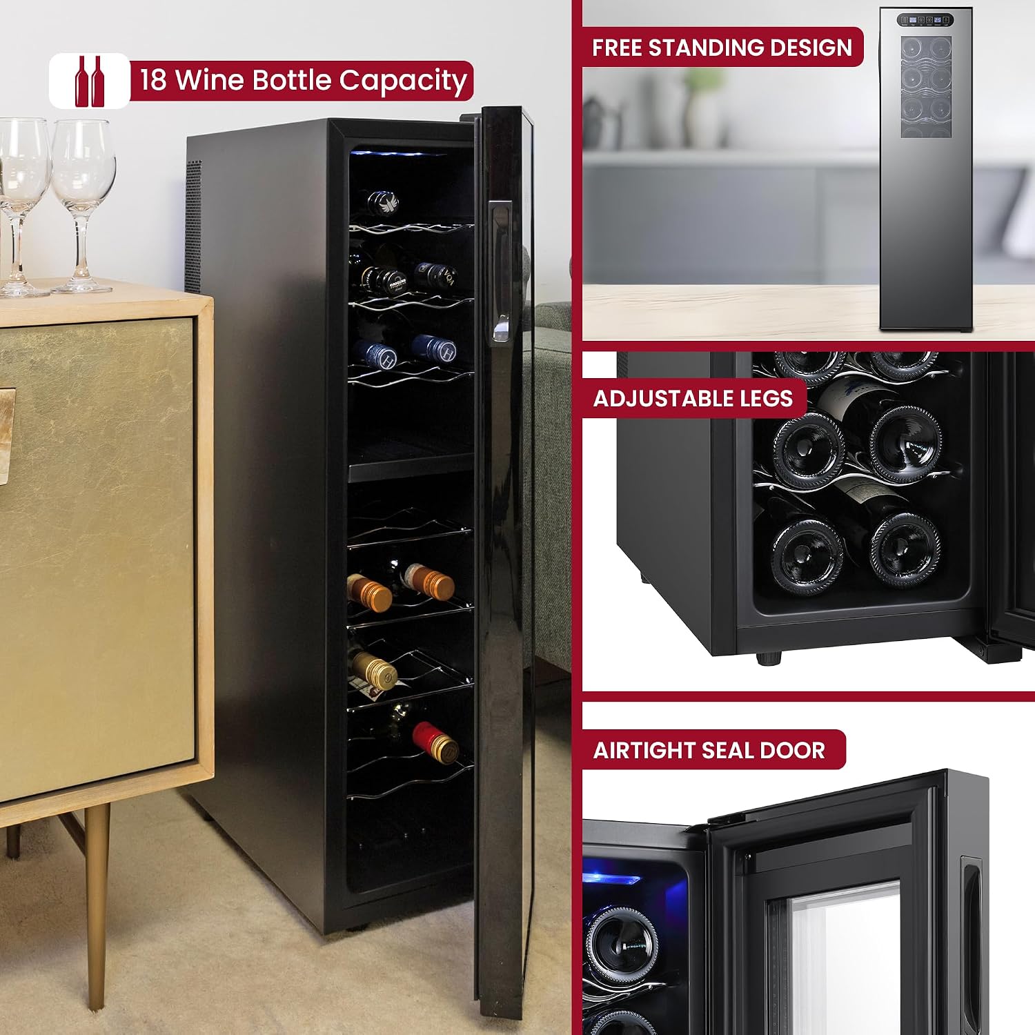 Koolatron Urban Series 18 Bottle Slim Dual Zone Wine Cooler, Thermoelectric Wine Fridge, Freestanding Wine Refrigerator for Home Bar, Kitchen, Apartment, Condo, Cottage