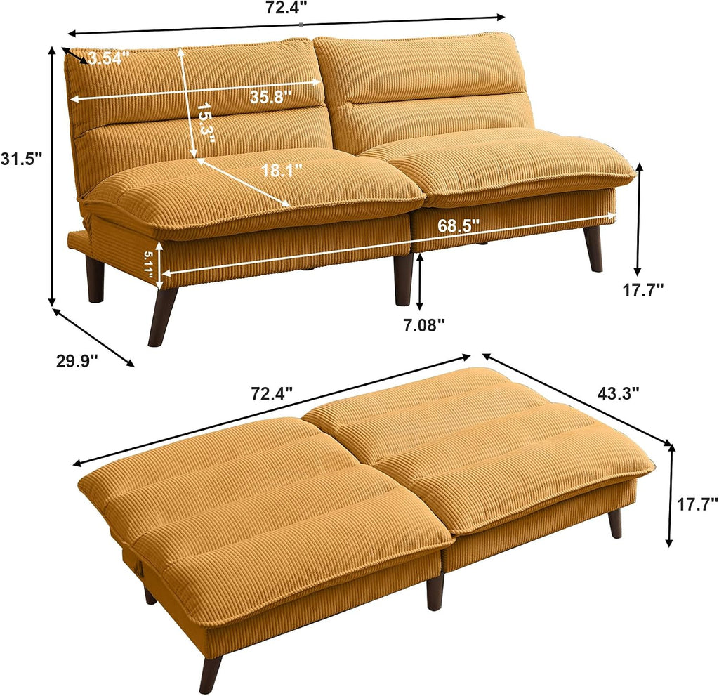 72' Futon Sofa Bed, Futon Couch with Adjustable Backrest, Recliner Small Loveseat for Living Room, Office, Apartment, Corduroy Loveseat, Yellow