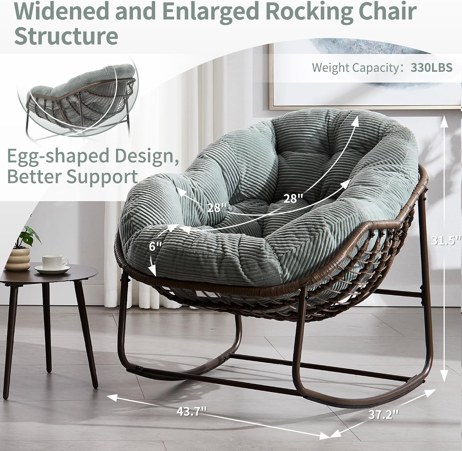 HOMEFUN Outdoor Patio Rocking Chairs Set of 2, Oversized Papasan Rock Chair Indoor with Striped Velvet Padded Cushion - Rocker Egg Seat for Front Porch, Garden, Patio, Backyard Green