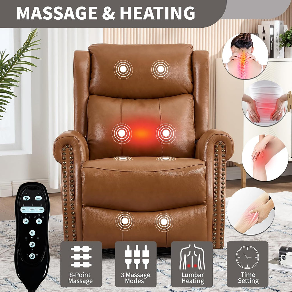 360° Swivel Glider Chair for Nursery, Wingback Genuine Leather Rocking Recliner with Lumbar Heat & Massage, 8-Point Vibration Massage for Living Room Bedroom