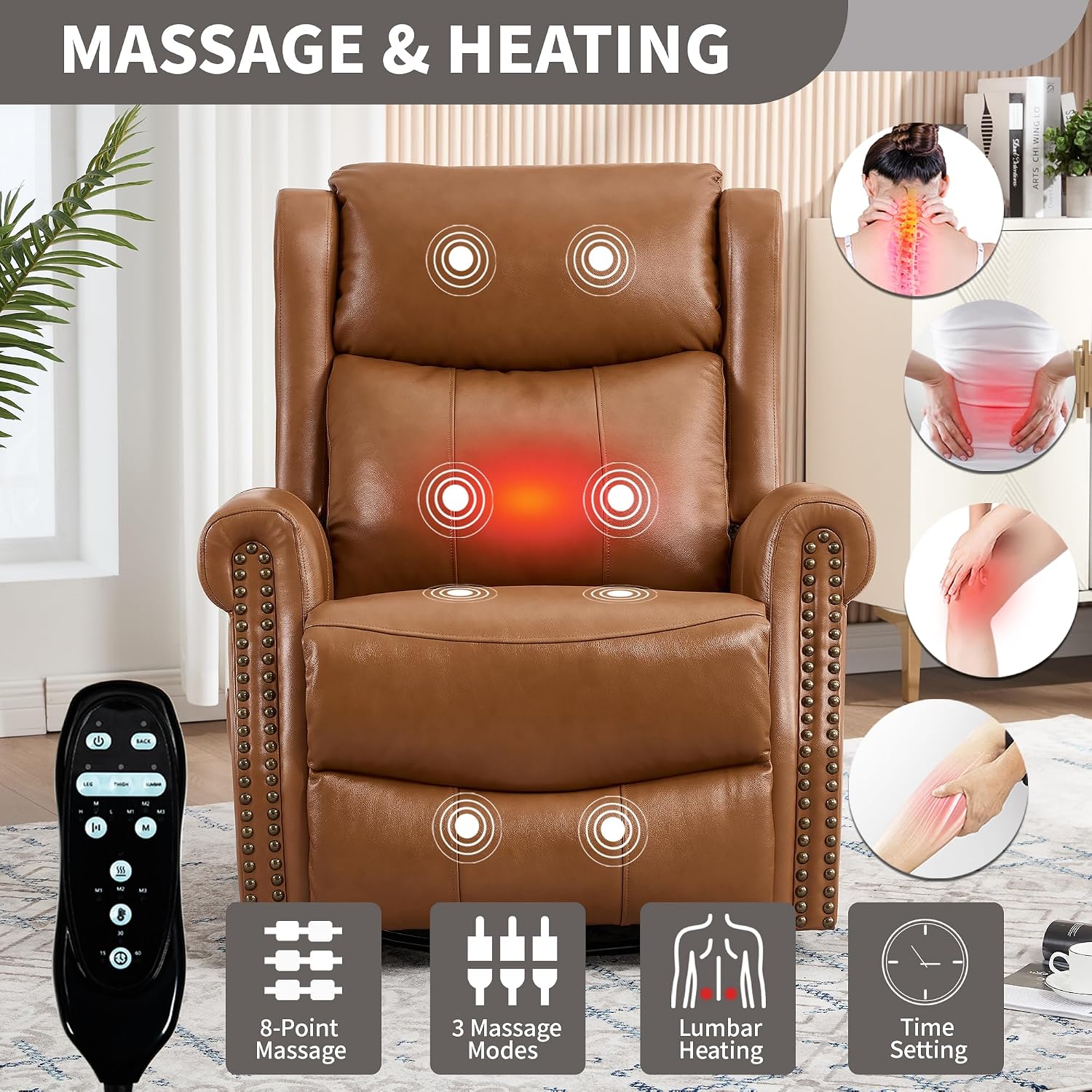 360° Swivel Glider Chair for Nursery, Wingback Genuine Leather Rocking Recliner with Lumbar Heat & Massage, 8-Point Vibration Massage for Living Room Bedroom