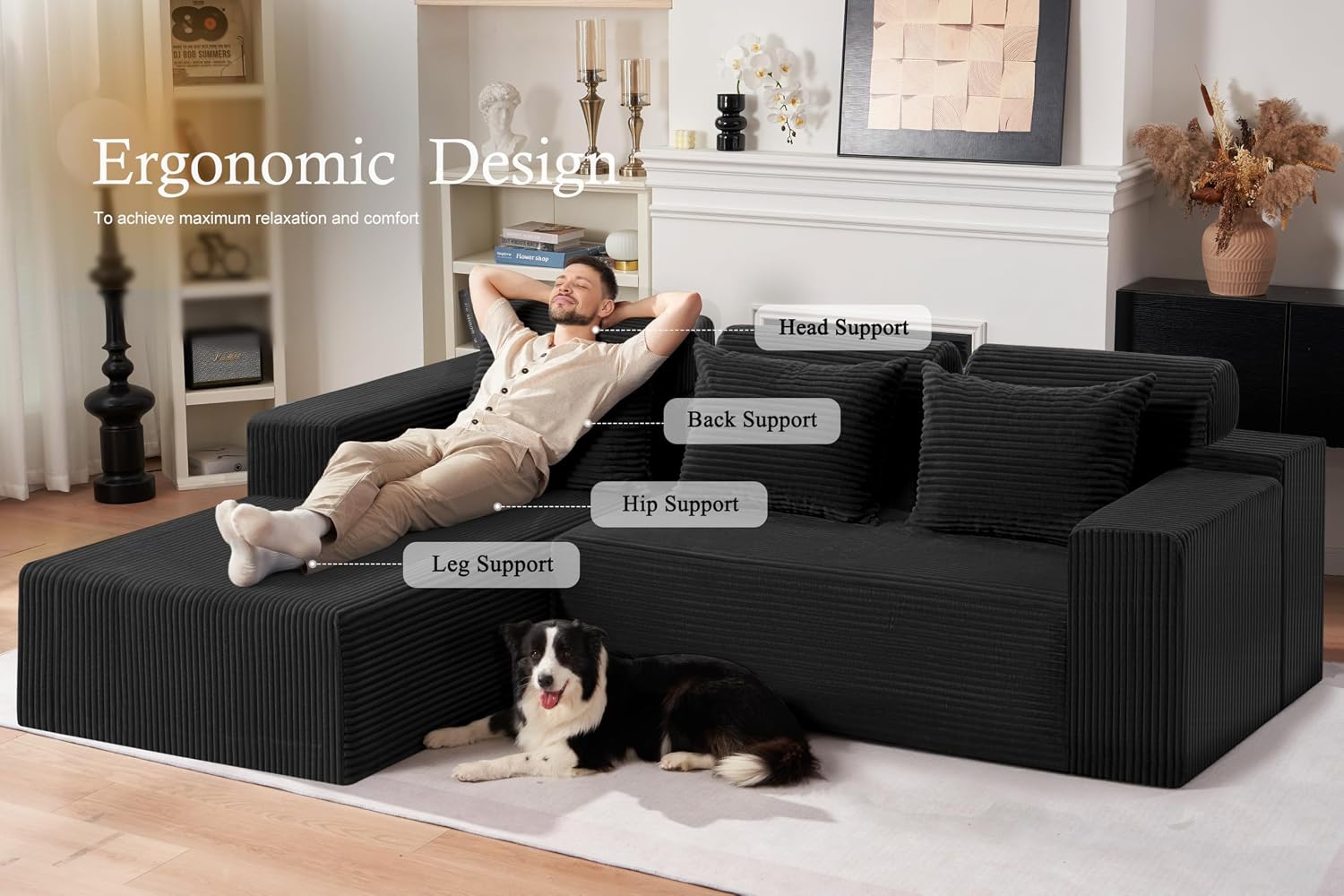 HABUTWAY Sectional Couches for Living Room,No Assembly L Shaped Couch 105' Modular Sectional Sofa Couch with Deep Seat,Cloud Couches Furniture Sets for Apartment,Corduroy (Black, Left Facing)