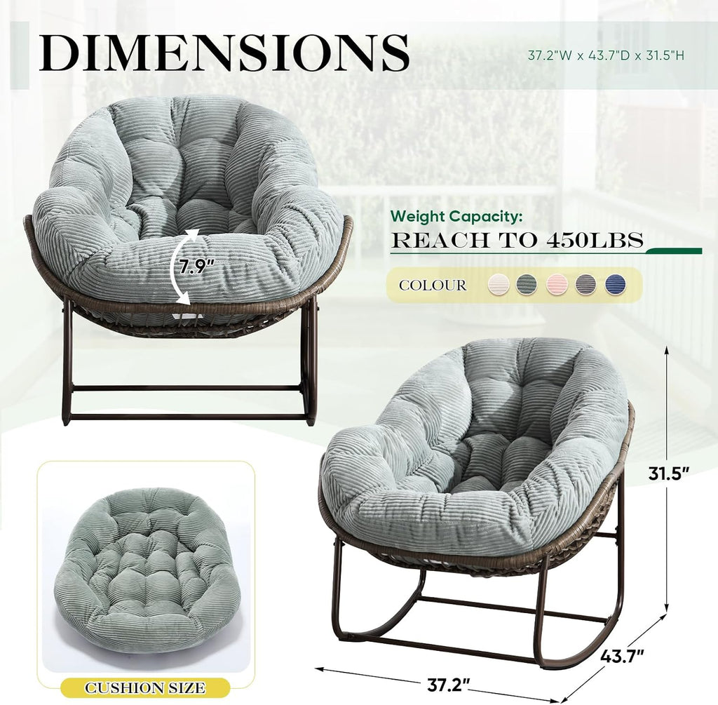 Deolme Large Papasan Rocking Chair with Cushion, Oversized Comfy Reading Chair Lounging Indoor Outdoor Rocker for Front Porch Backyard Bedroom Living Room Egg Chair Rattan (Green Teddy Padded)