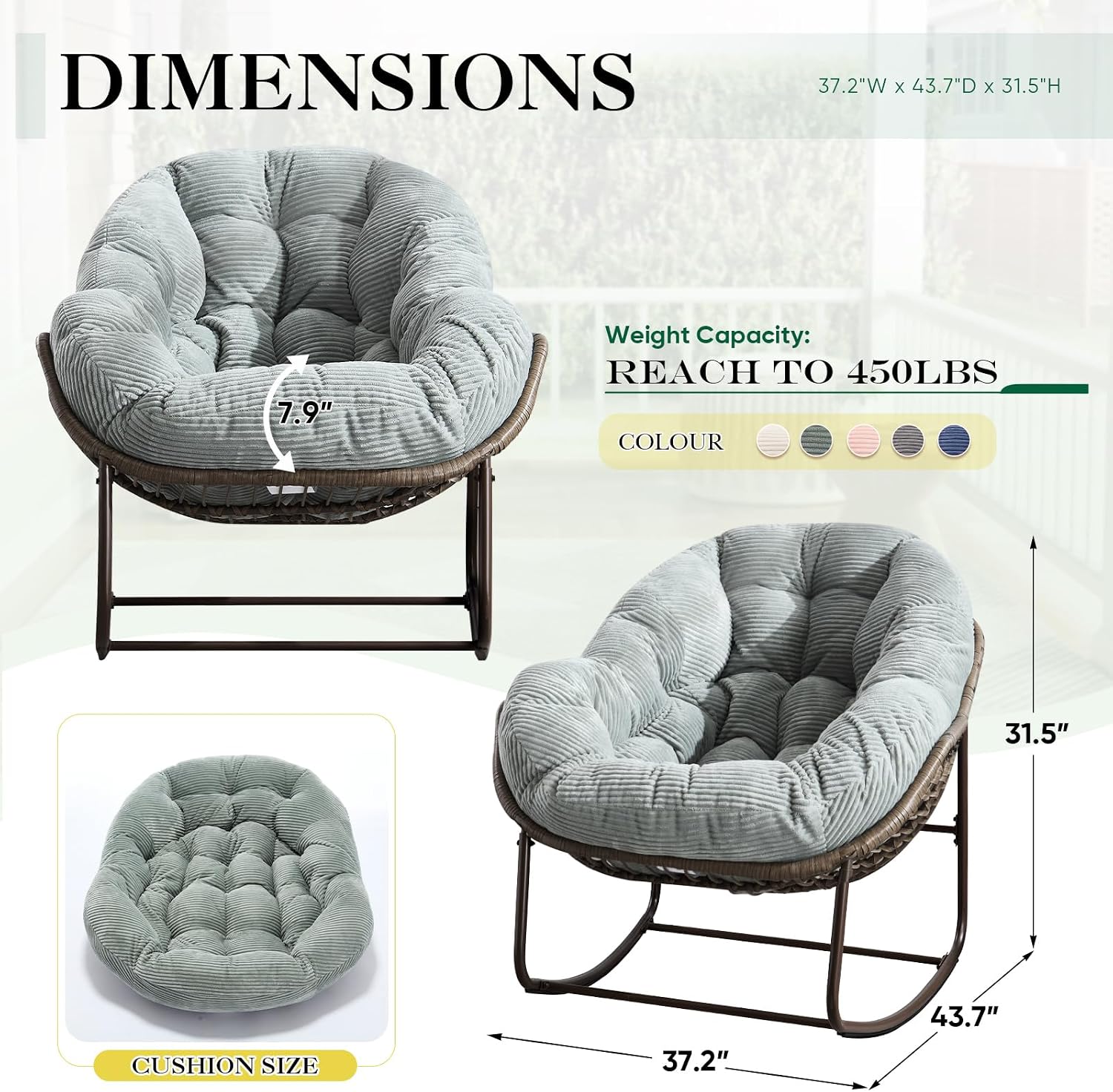 Deolme Large Papasan Rocking Chair with Cushion, Oversized Comfy Reading Chair Lounging Indoor Outdoor Rocker for Front Porch Backyard Bedroom Living Room Egg Chair Rattan (Green Teddy Padded)