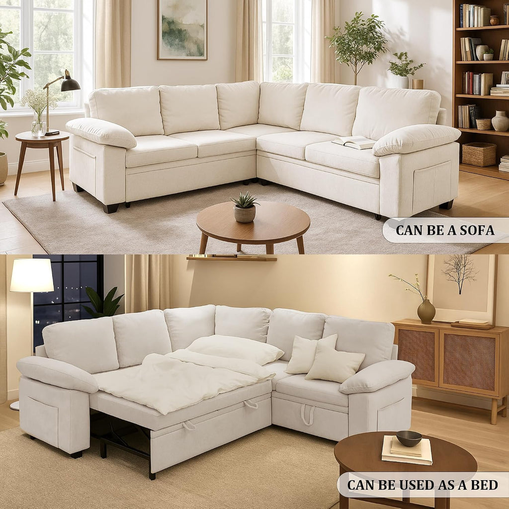 86 Inch Sectional Sleeper L Shaped Sofa with Pull Out Bed, Modular Sectional Sofa with Storage, Modern Chenille Cloud Couch, Sectional Couches for Living Room, Beige