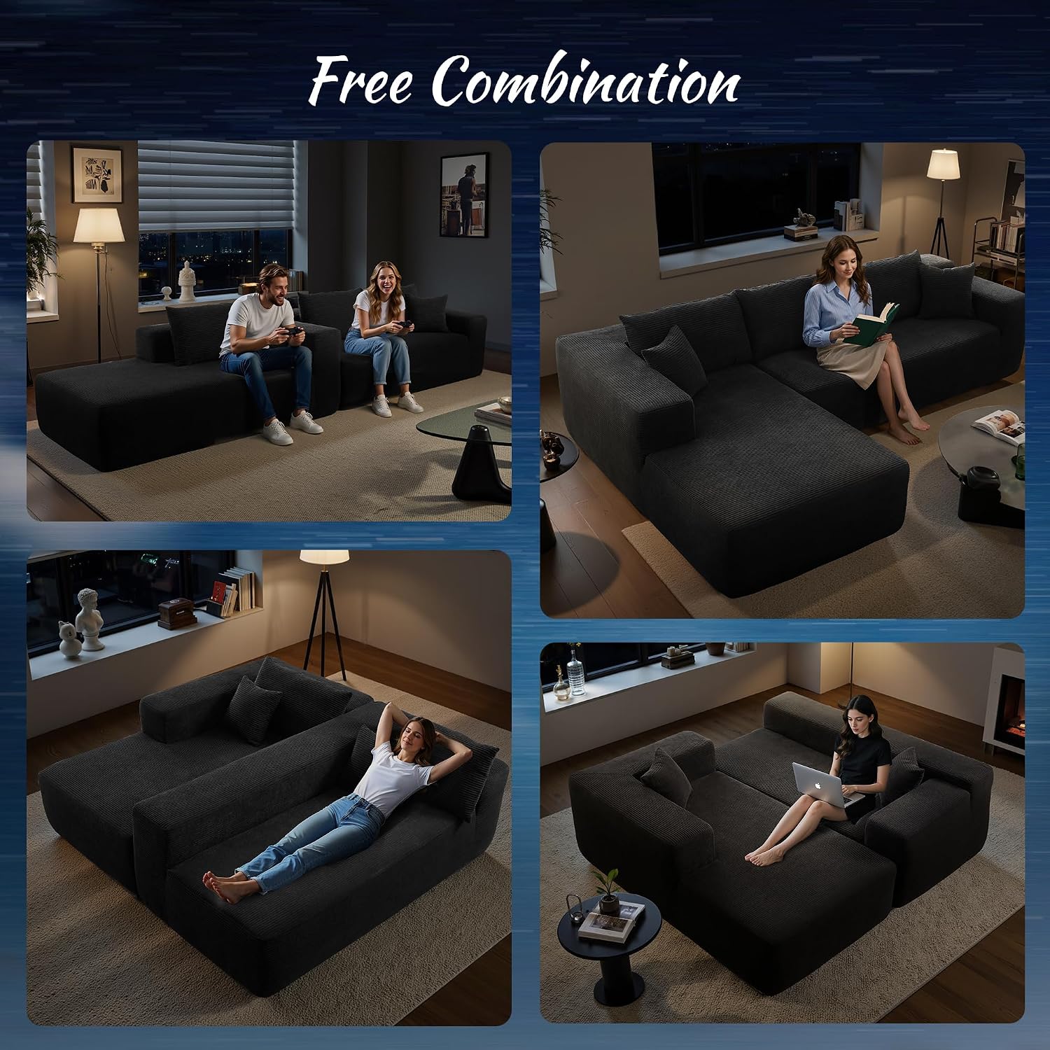 ovios 104' Cloud Boneless Couch with Glitter Fabric, Moudular Sectional Sofa with Deep Seat, No Assembly Required, Modern Minimalist L Shaped Couches with Chaise for Living Room, Black
