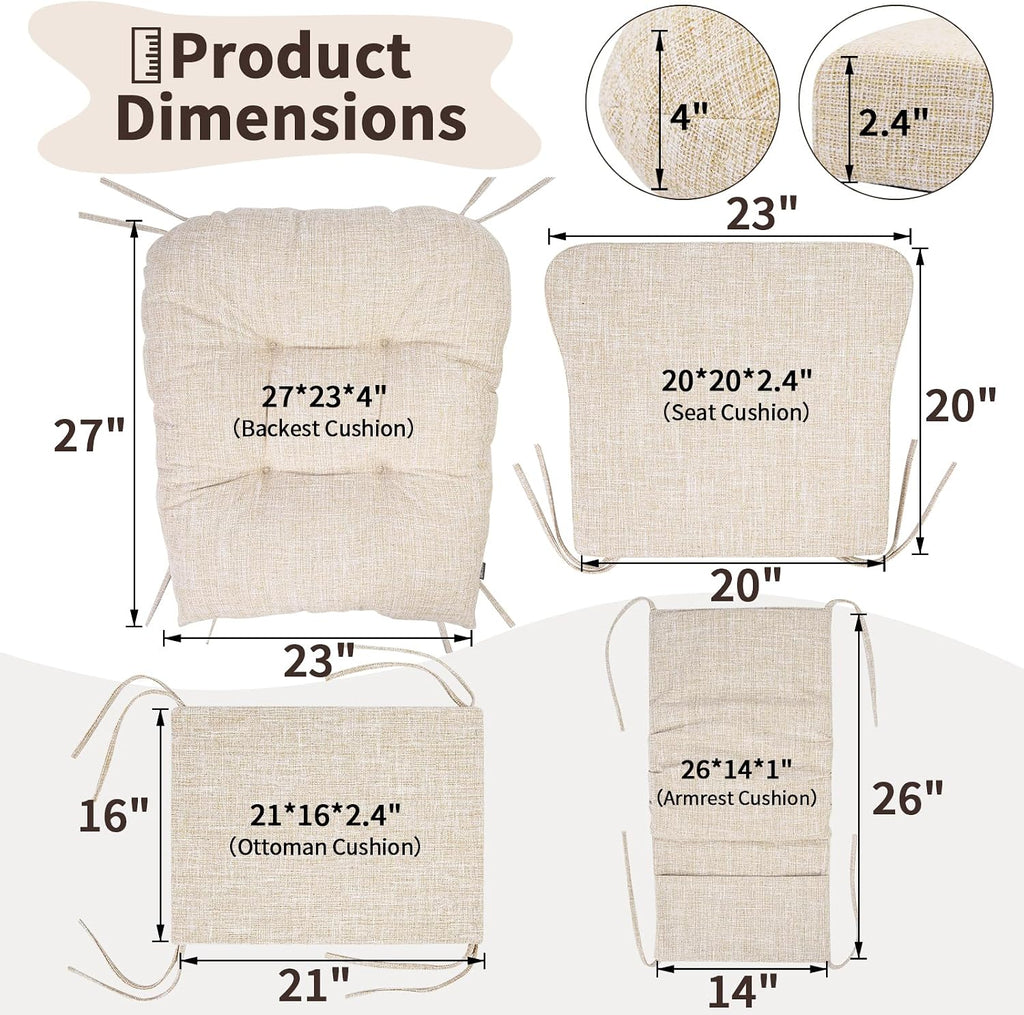 SINOSSO Glider Rocker Cushion Set (5 Pcs), Soft Blended Fabric High-Density Support Foam Seat Cushions with Ties, Fits Rocking Chair/Nursery Glider & Ottoman, Beige