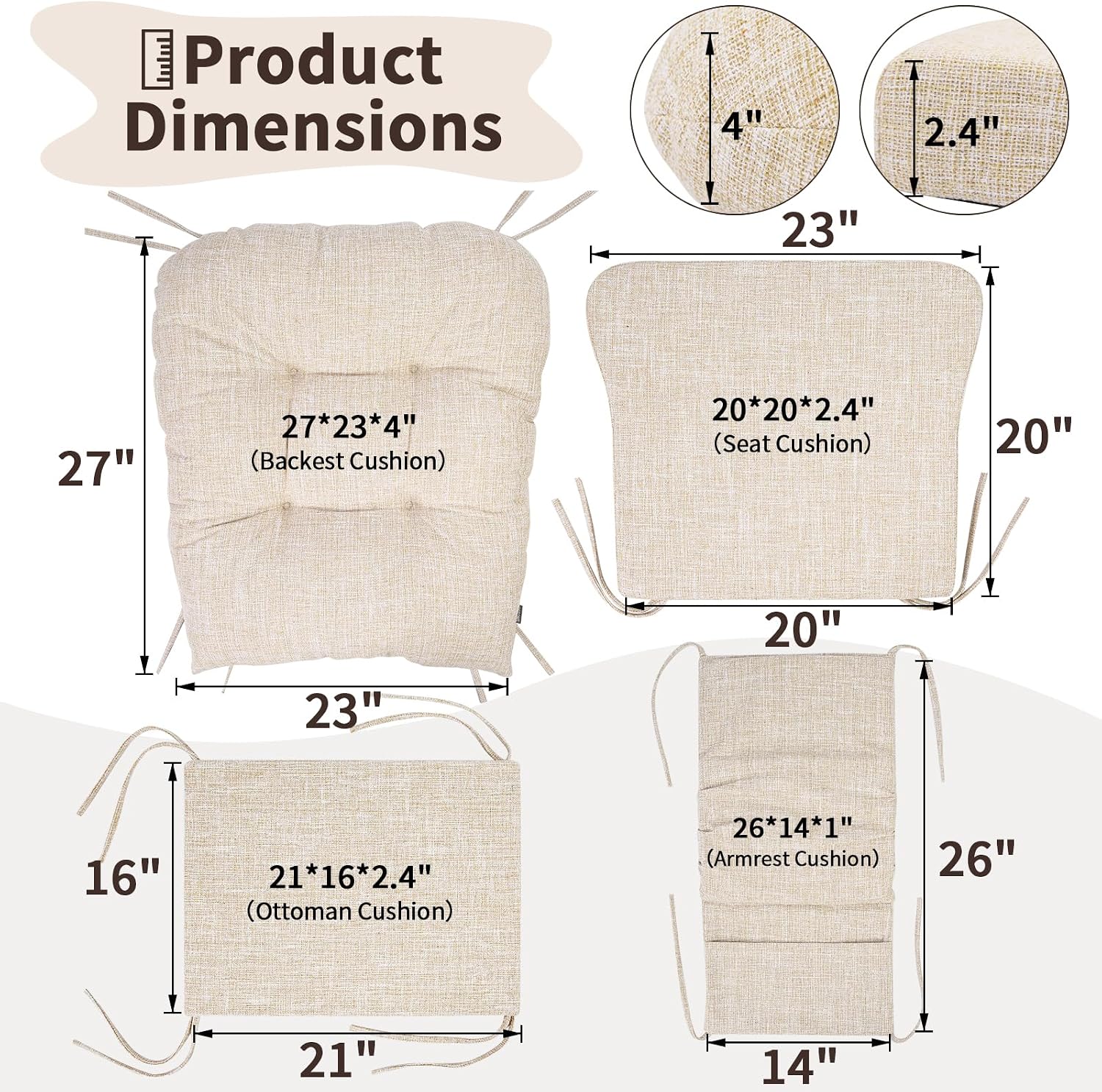 SINOSSO Glider Rocker Cushion Set (5 Pcs), Soft Blended Fabric High-Density Support Foam Seat Cushions with Ties, Fits Rocking Chair/Nursery Glider & Ottoman, Beige