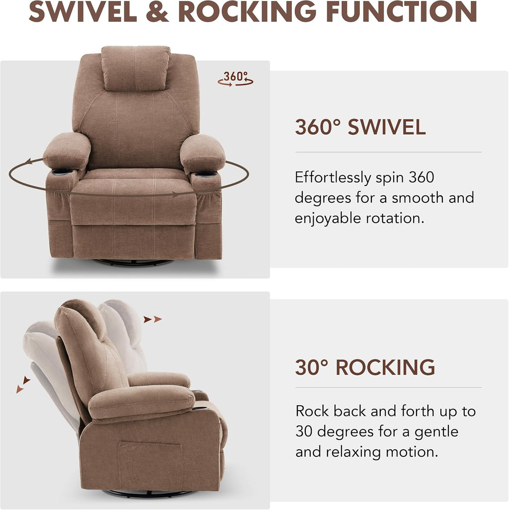 Weture Swivel Rocker Recliner Chair with Heat and Massage, 360 Degree Swivel Rocking Single Sofa with Cup Holders and USB Port, Big Oversized Recliner Chair for Living Room (Fabric, Brown)