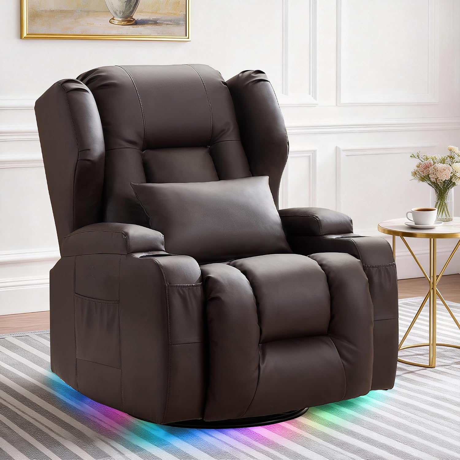 TUNYI Power Recliner Chair - Faux Leather Home Theater Seating Glider Reclining Sofa with Massage & Heat Swivel Rocker Recliner Chair for Living Room with LED Light/USB Port/Lumbar Pillow (PUBrown)