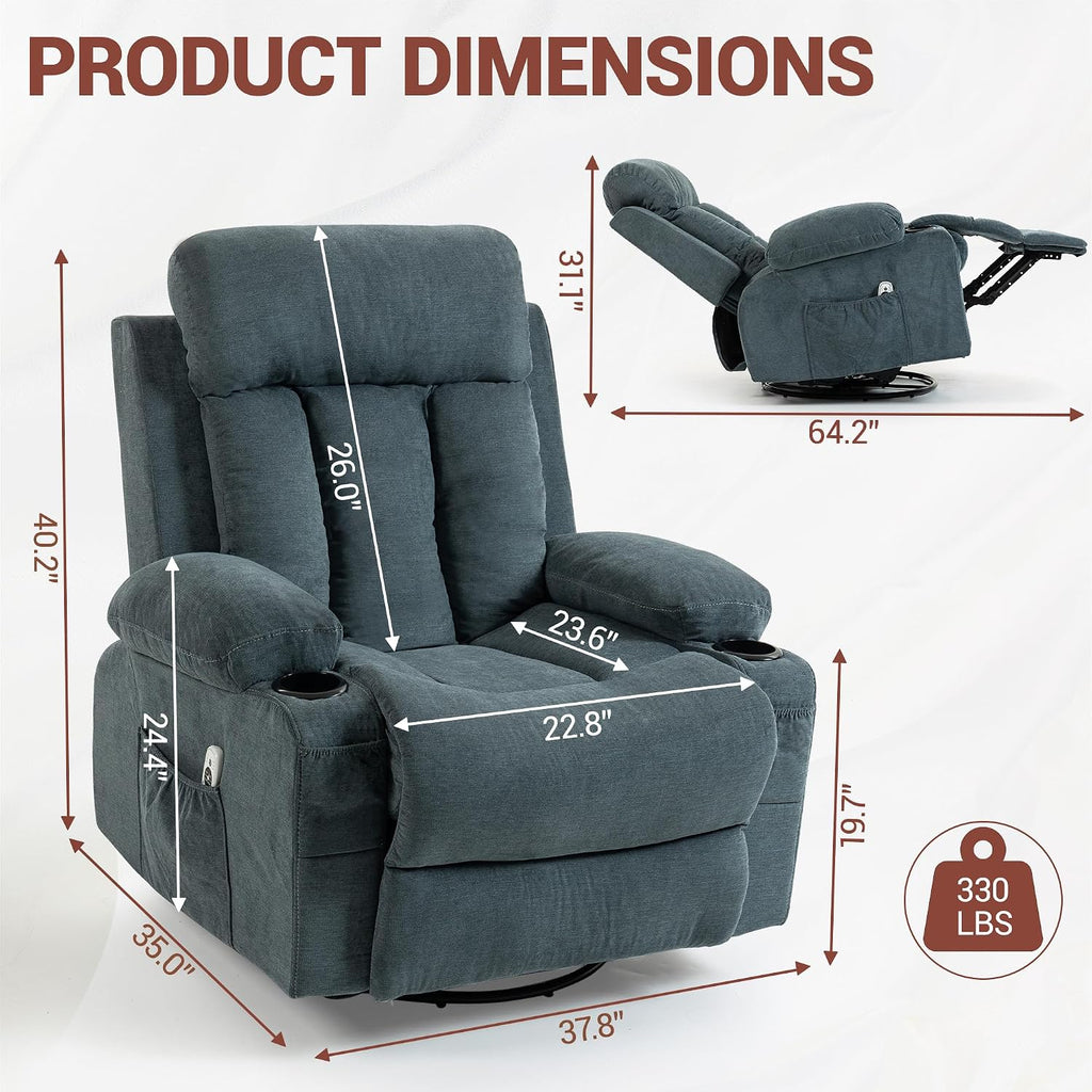 360° Swivel Rocking Chair, Rocker Recliner Chair with Vibration Massage and Heat, Ergonomic Lounge Chairs with Rocking Function and Side Pocket, Cup Holders, Blue