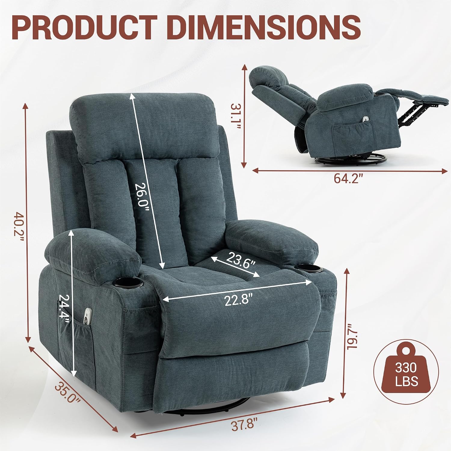 360° Swivel Rocking Chair, Rocker Recliner Chair with Vibration Massage and Heat, Ergonomic Lounge Chairs with Rocking Function and Side Pocket, Cup Holders, Blue