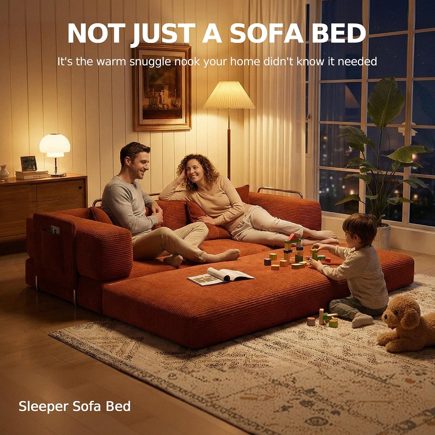 MoonSpeak 78.8''Sleeper Couch Bed for Livingroom，Convertible Modular Sofa with Armrest Pillow，Modular Fldable Corduroy Couches in a Box,No Assembly (Rust Red)