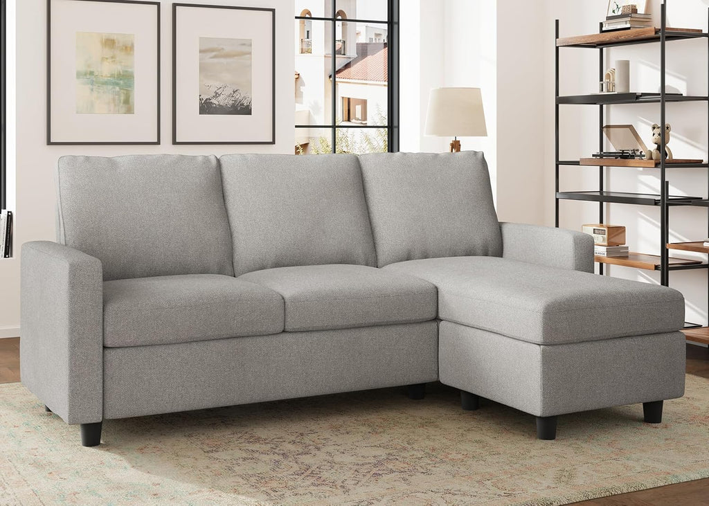 HONBAY Convertible Sectional Sofa, L Shaped Couch with Linen Fabric, Reversible Couch for Small Space, Mid Light Grey