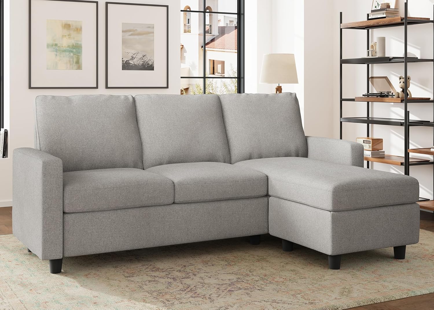 HONBAY Convertible Sectional Sofa, L Shaped Couch with Linen Fabric, Reversible Couch for Small Space, Mid Light Grey