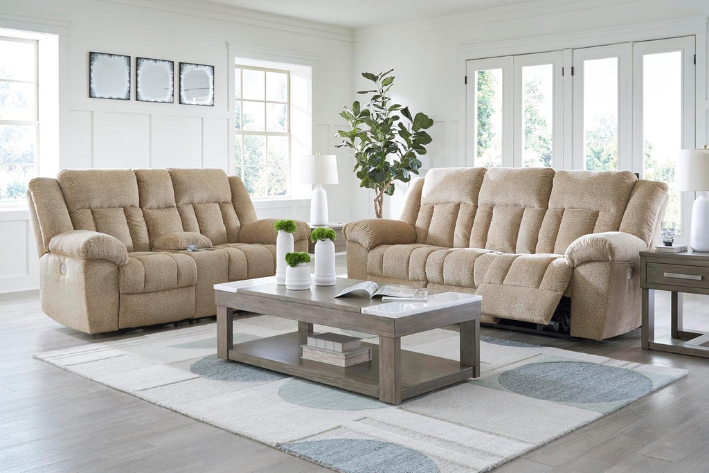 Signature Design by Ashley Tip-Off Classic Wall Hugger Power Reclining Loveseat with Adjustable Headrest, USB Ports, Storage and Cup Holders, Light Brown