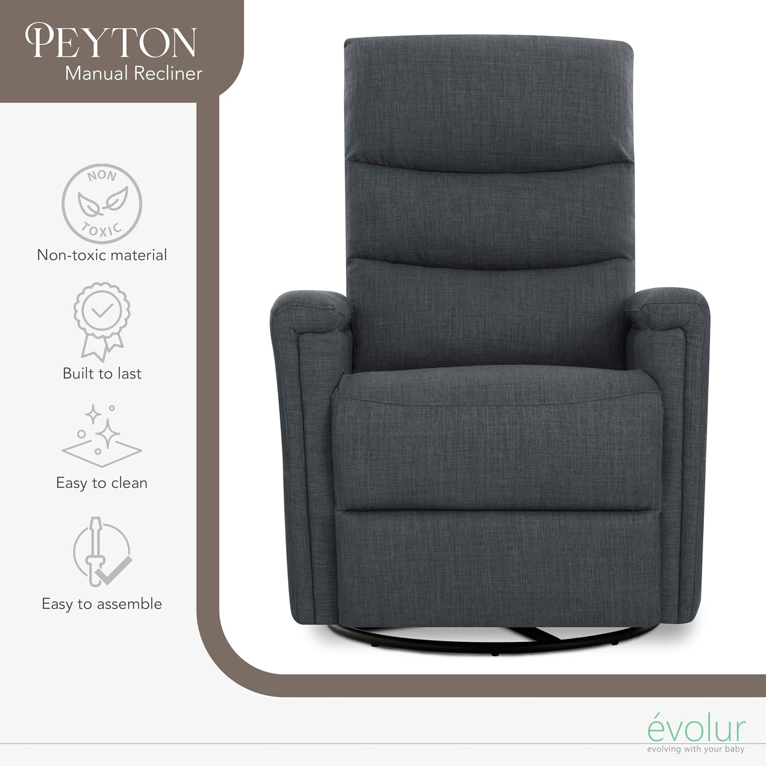 Evolur Peyton Manual Glider Recliner – Graphite, Rocking & 360° Swivel with Smooth Glide – GREENGUARD Gold & FSC Certified – Modern Nursery and Living Room Chair