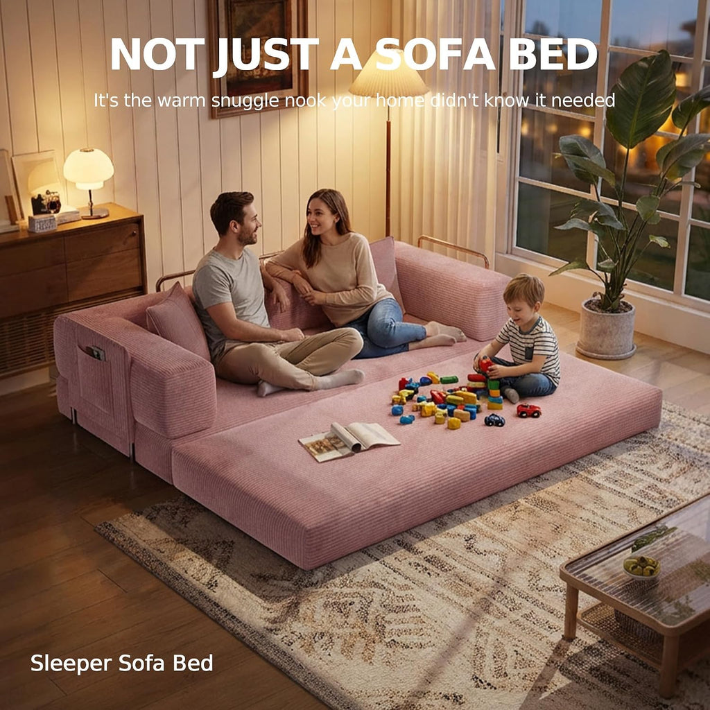 MoonSpeak 78.8''Sleeper Couch Bed for Livingroom,Convertible Modular Sofa with Armrest Pillow,Modular Foldable Corduroy Couches in a Box,No Assembly (Pink)