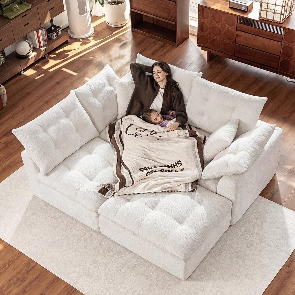 110' Cloud Sectional Couches L-Shaped Modular Boneless Chenille Sofa Couches with Deep Seat Ottoman and Side Pockets, Module Combination for Living Room 3 Seater