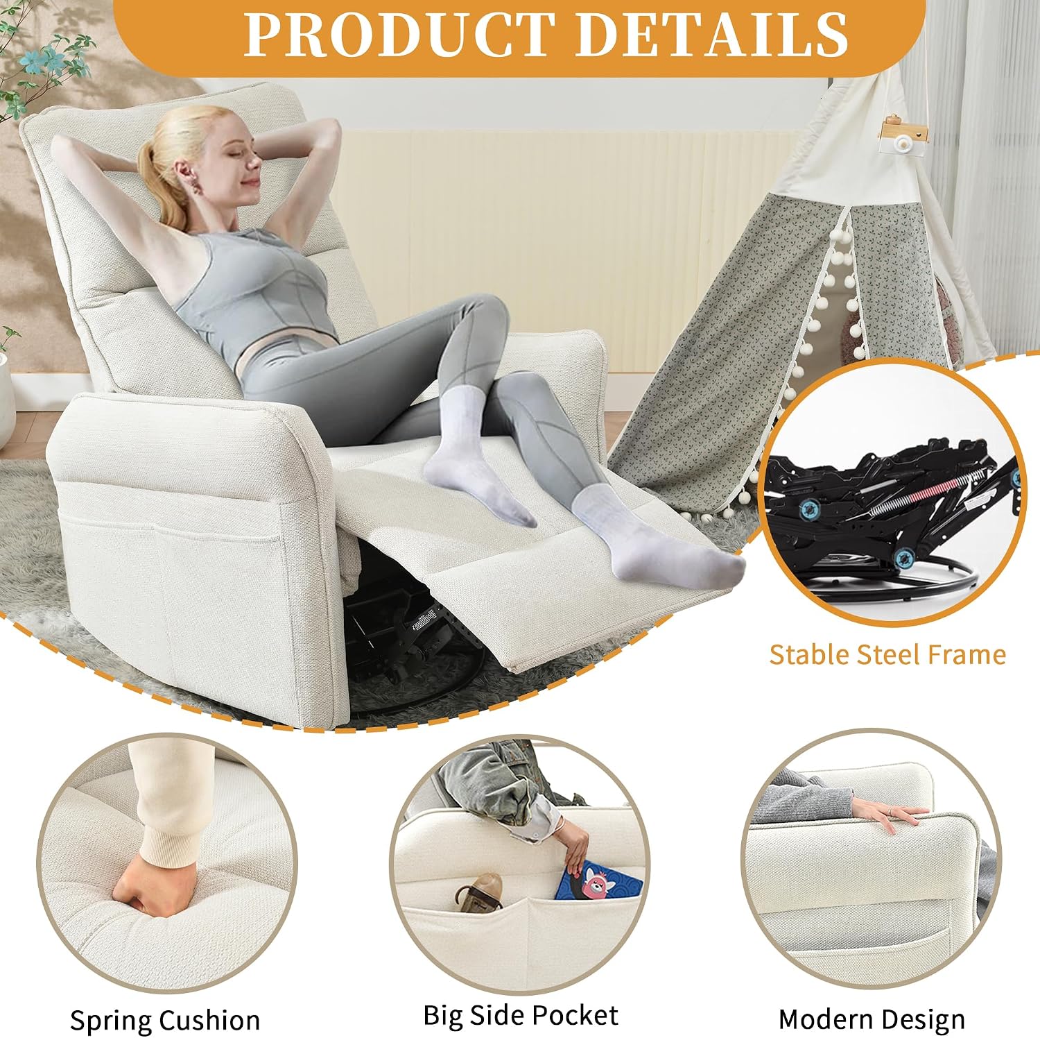 Glider Chair Swivel Rocker Recliner for Nursery, 360° Swivel Snowflake Velvet Manual Rocking Chair for Living Room, Bedroom, Small Spaces