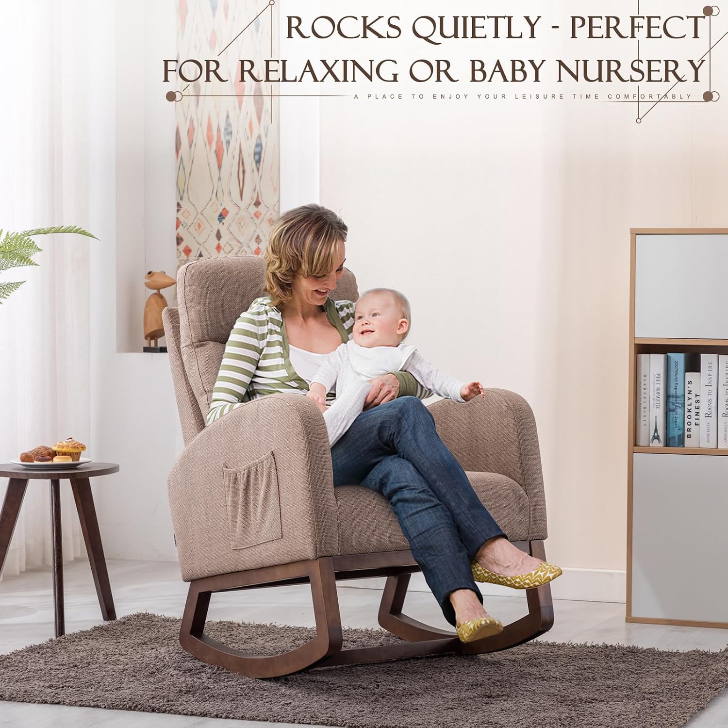 Upholstered Rocking Chair for Nursery, Accent Glider Rocker with Side Pocket, Comfy Armchair with Tall Backrest and Double Layer Cushion, Baby Nursery Glider for Living Room, Bedroom (Camel Brown)