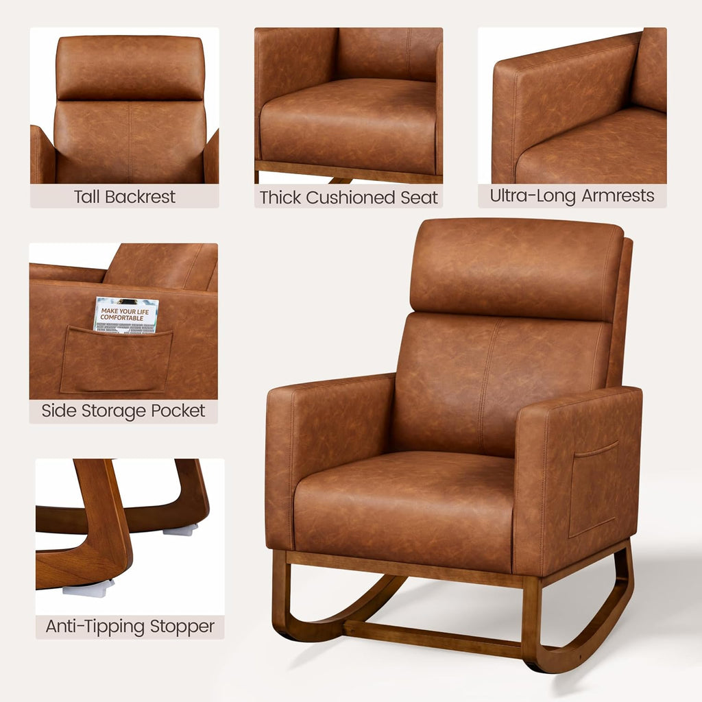 Topeakmart Nursery Rocking Chair, PU Leather Modern Accent Chair with Wood Legs Side Pocket Armchair Glider Rocker for Nursery Living Room Bedroom Lounge, Brown