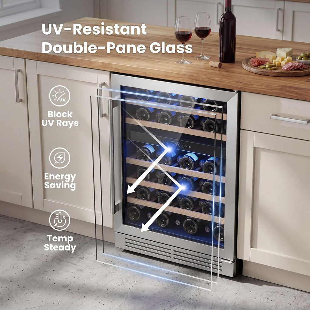 Yeego Wine Fridge Cooler - 24 Inch Dual Zone Wine Fridge Hold 52 Bottles, 40-65°F Wine Refrigerator Glass Door, Built in Fridge, Freestanding Adjustable Shelves Fridge for Beer Soda Drink Home Bar