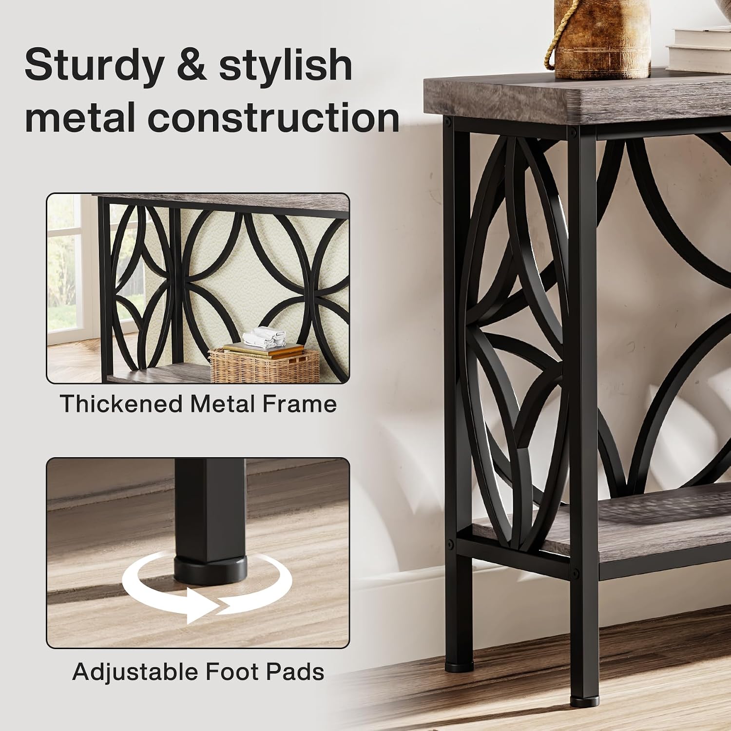 LITTLE TREE Sofa Table, 70.9 Inch Industrial Behind Couch Table with Storage Shelves, Narrow Long Console Table for Entryway, Living Room, Foyer, Hallway, Office