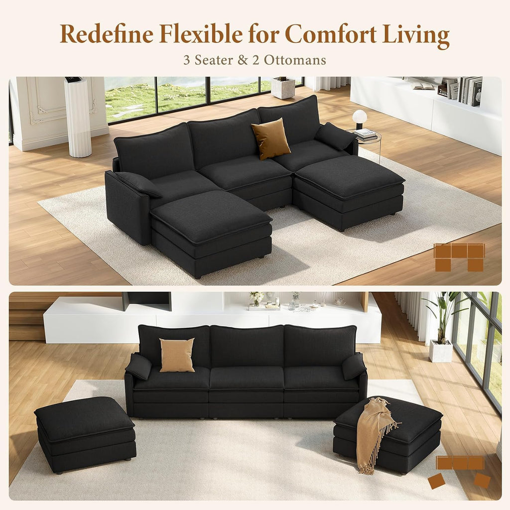 Vesgantti 108' U Shaped Sectional Couch, Comfy Cloud Modular Sectional Sofa with 2 Ottoman Deep Seat Chenille Modern Cloud Sofa, Modular Sofas for Living Room, Bedroom and Apartment, Black